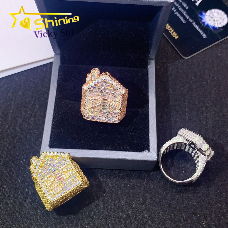 Fine Jewelry 925 Sterling Silver House Style Iced-Out Long Bar Ice with VVS moissanite Diamond Custom Moissanite Men's Hip-Hop Ring