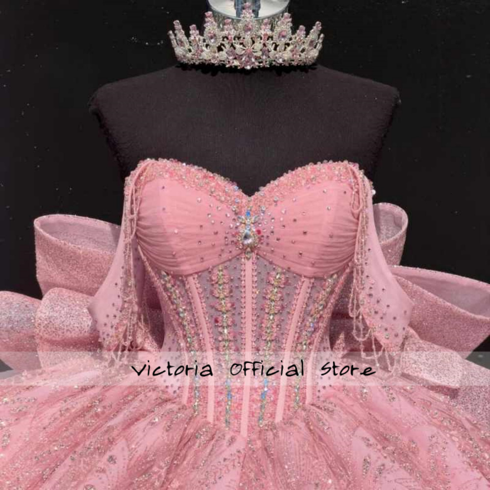 Pink Princess Quinceanera Dresses for Teens Sweet 16 Birthday Party Gowns WIth Bow Sweetheart Glitter Mexican Tulle Vestido de 15 Anos Prom Gown Custo - view 3