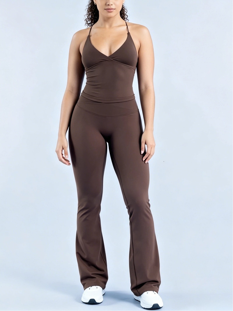 Women Gym Top Set Soft Touch Crossover Waist Flare Leggings Backless Halter Vest Tummy Control Running Sports Clothing 26Y0825 - view 7