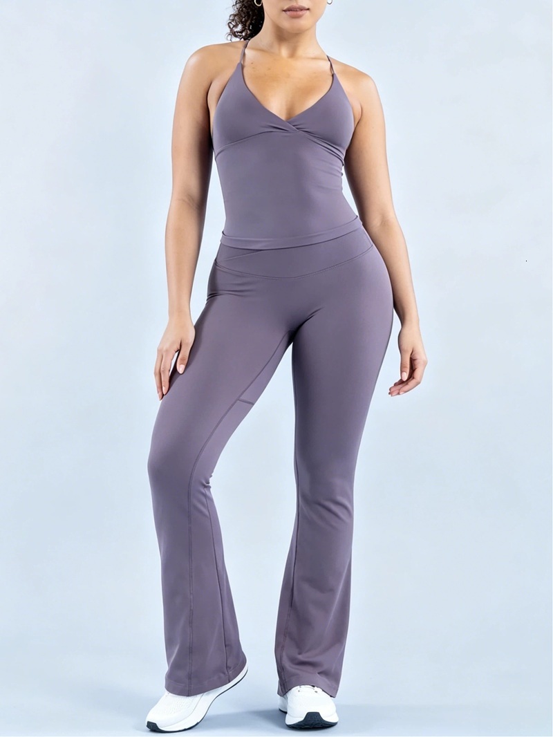 Women Gym Top Set Soft Touch Crossover Waist Flare Leggings Backless Halter Vest Tummy Control Running Sports Clothing 26Y0825