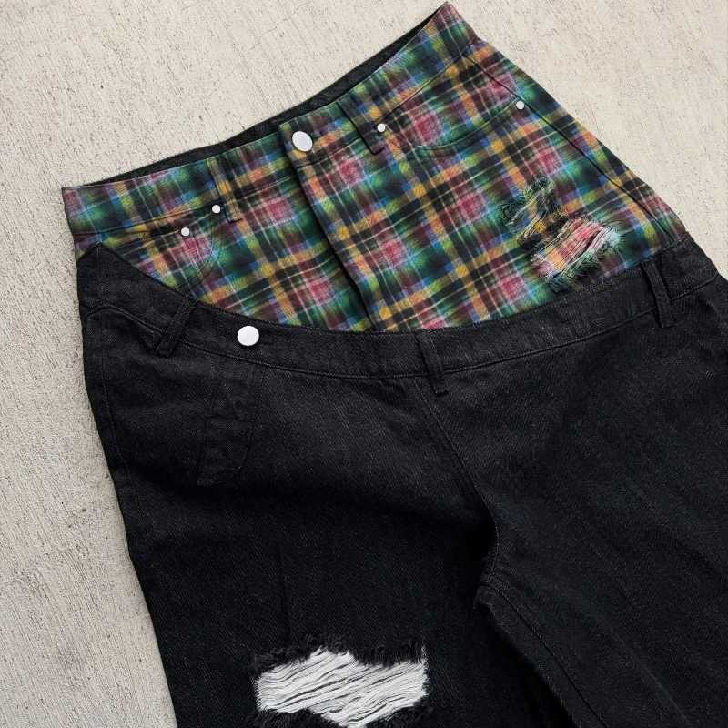 Wide Men Women Leg Pants American Hip Hop Streetwear Unisex Casual Jeans Y2k Slanted Runway Baggy Jeans Retro Plaid PatchworkT260825 - view 3