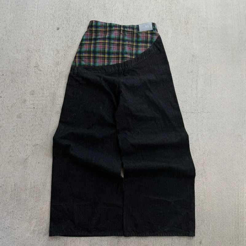 Wide Men Women Leg Pants American Hip Hop Streetwear Unisex Casual Jeans Y2k Slanted Runway Baggy Jeans Retro Plaid PatchworkT260825 - view 5