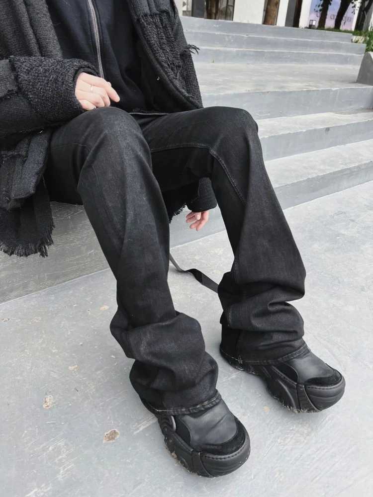Harajuku Mens Jeans American High Street Streetwear Wax Coated Denim Pants Dark Style Micro Flared High Stretch Slim Fit RetroT260825 - view 4