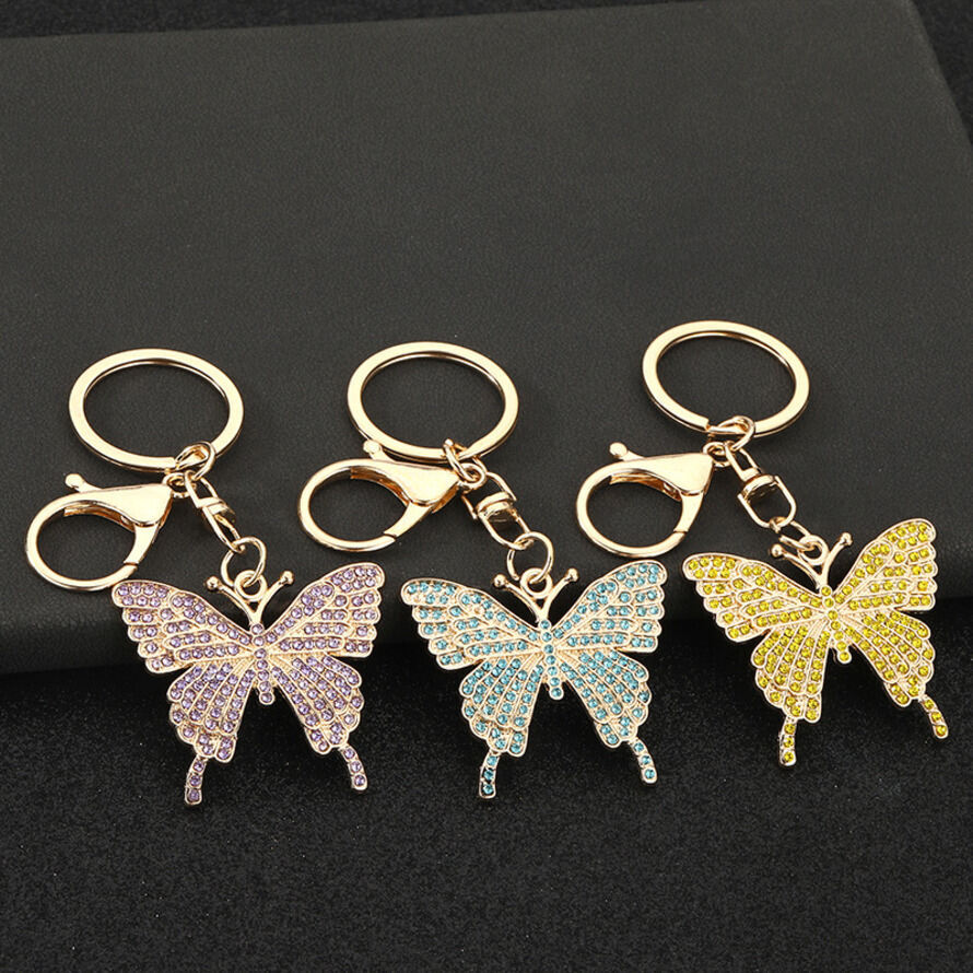 European and American Style Colorful Rhinestone Inlaid Butterfly Keychain Metal Alloy Creative Women's Bag Pendant Key Ring Gift