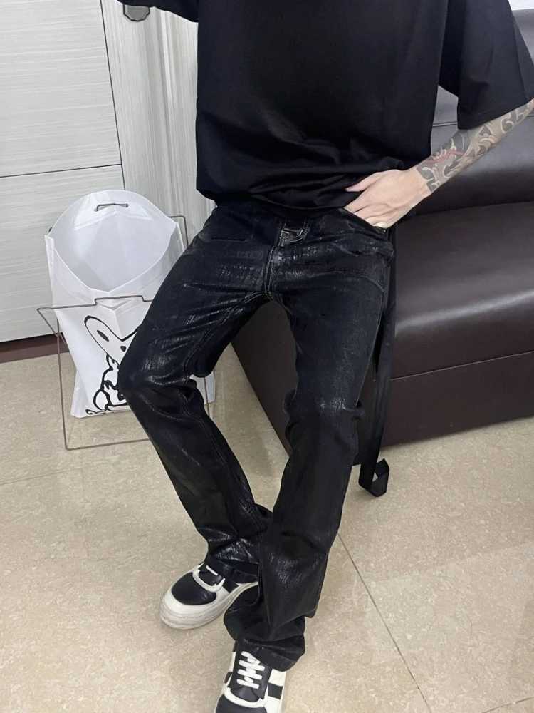 Harajuku Mens Jeans American High Street Streetwear Wax Coated Denim Pants Dark Style Micro Flared High Stretch Slim Fit RetroT260825 - view 3