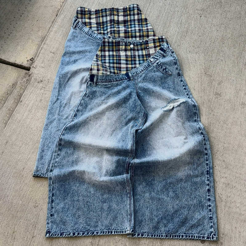 Wide Men Women Leg Pants American Hip Hop Streetwear Unisex Casual Jeans Y2k Slanted Runway Baggy Jeans Retro Plaid PatchworkT260825