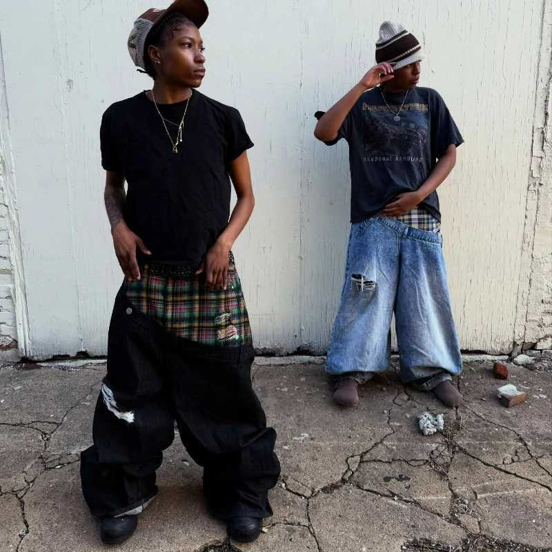 Wide Men Women Leg Pants American Hip Hop Streetwear Unisex Casual Jeans Y2k Slanted Runway Baggy Jeans Retro Plaid PatchworkT260825 - view 7