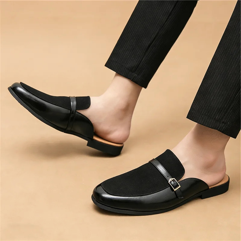 Summer Men's Suede Leather Half Slippers Fashion Black Brown Shoes Casual Mules Moccasins Breathable Monk Strap loafers 260825