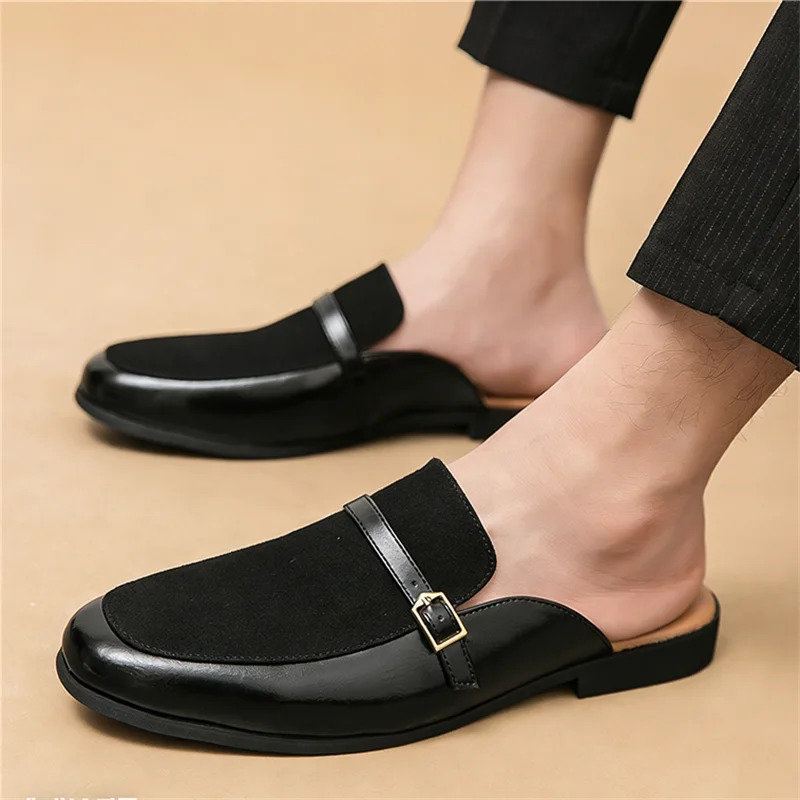 Summer Men's Suede Leather Half Slippers Fashion Black Brown Shoes Casual Mules Moccasins Breathable Monk Strap loafers 260825 - view 3