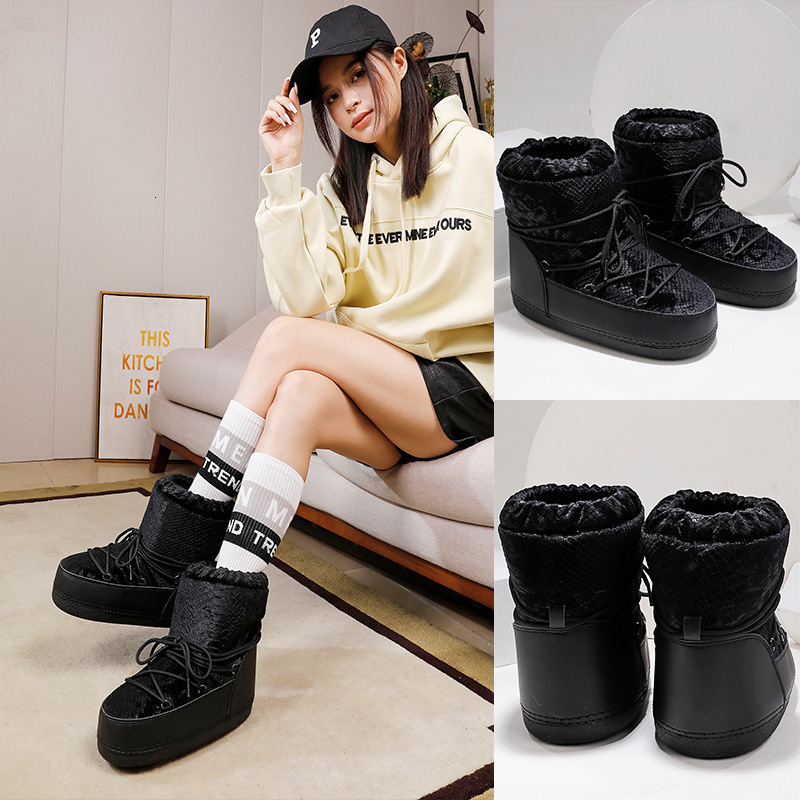 Women Winter Snow Boots Snake Pattern Plush Lining Lace Up Thick Platform Sole Warm Ankle Boots Outdoor Cold Weather Casual Shoes - view 3