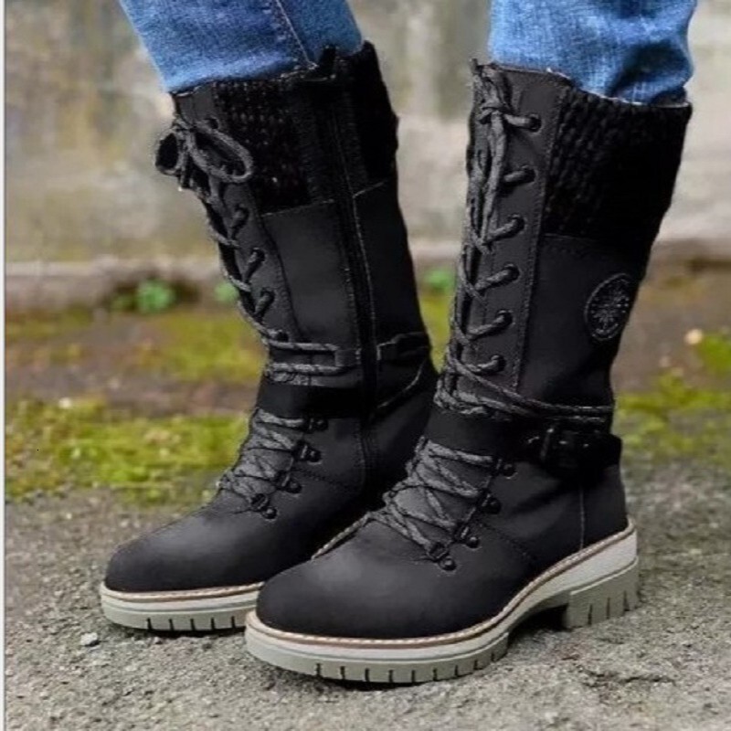 Women Mid Calf Winter Boots Knitted Cuff Lace Up Side Zipper Buckle Strap Block Heel Non Slip Outdoor Warm Casual Boots