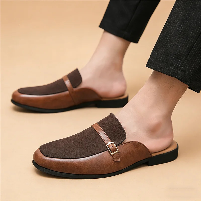 Summer Men's Suede Leather Half Slippers Fashion Black Brown Shoes Casual Mules Moccasins Breathable Monk Strap loafers 260825 - view 5