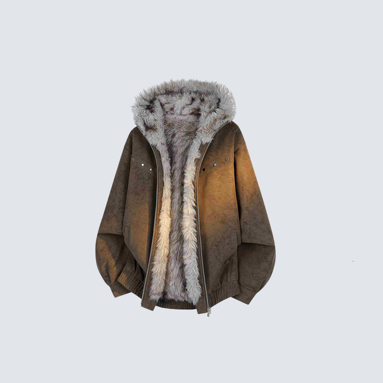 Autumn/Winter New Vintage Distressed Hooded Jacket With Thick Fur Collar, Casual Cotton Coat - view 3
