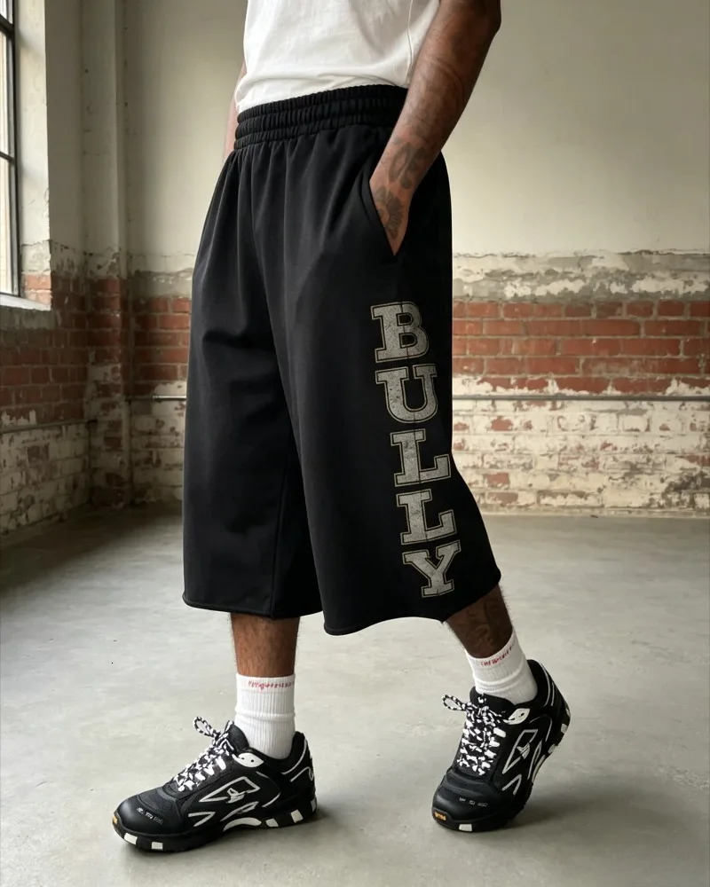 Y2K BULLY fluorescent printed 7/8 Shorts vintage Frayed Hem Vintage Letter Graphic Loose Fit Street Skateboard Sweat Shorts 260824 - view 5