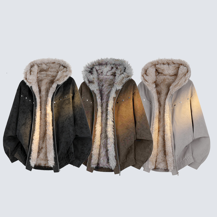 Autumn/Winter New Vintage Distressed Hooded Jacket With Thick Fur Collar, Casual Cotton Coat - view 6