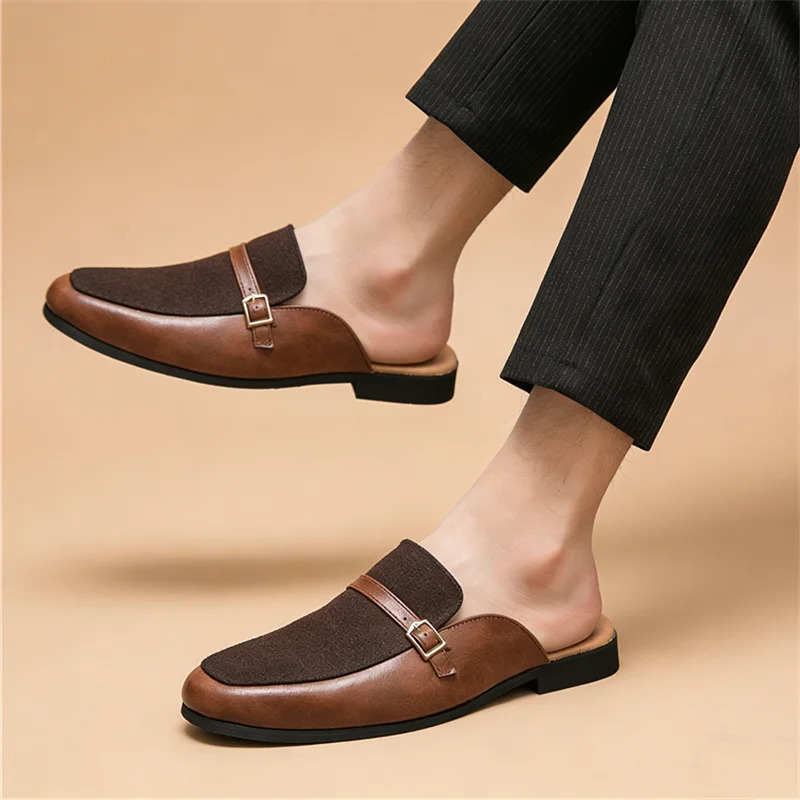 Summer Men's Suede Leather Half Slippers Fashion Black Brown Shoes Casual Mules Moccasins Breathable Monk Strap loafers 260825 - view 7