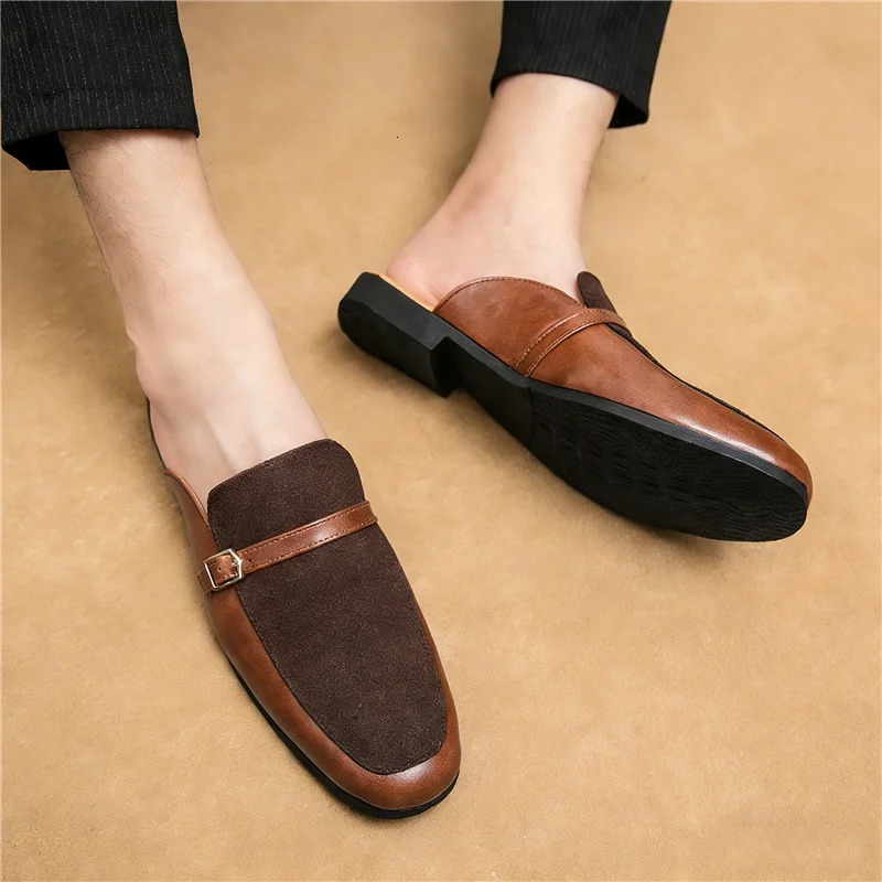 Summer Men's Suede Leather Half Slippers Fashion Black Brown Shoes Casual Mules Moccasins Breathable Monk Strap loafers 260825 - view 6