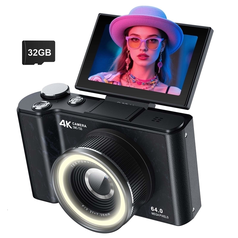 4K Digital Camera for Pography 4k with Ring Light180° Flip Screen Vlogging BeauTY Mode Point and Shoot Cameras y260821