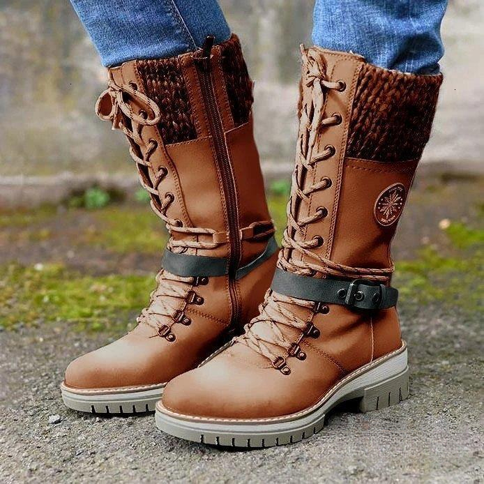 Women Mid Calf Winter Boots Knitted Cuff Lace Up Side Zipper Buckle Strap Block Heel Non Slip Outdoor Warm Casual Boots - view 5