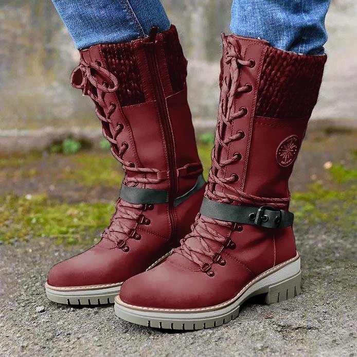 Women Mid Calf Winter Boots Knitted Cuff Lace Up Side Zipper Buckle Strap Block Heel Non Slip Outdoor Warm Casual Boots - view 4