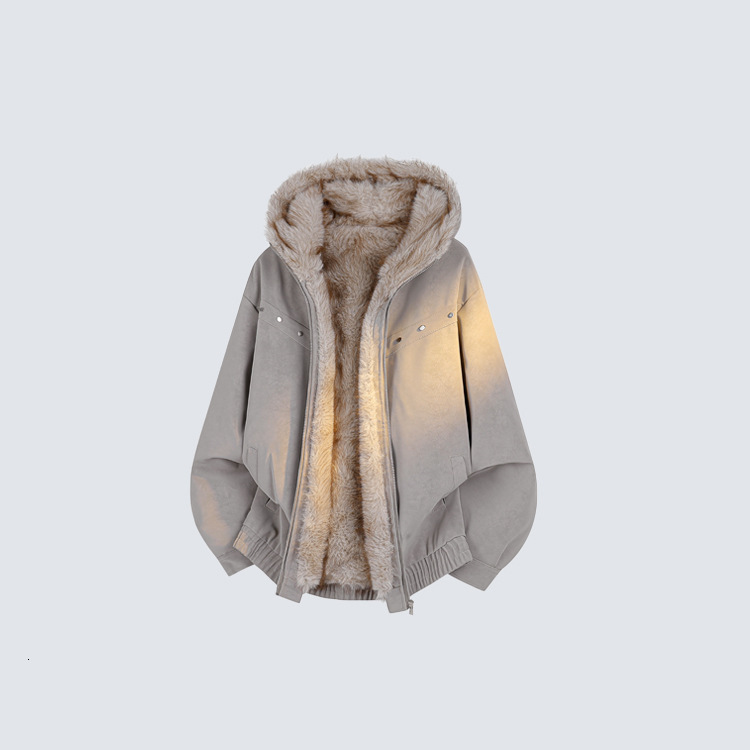 Autumn/Winter New Vintage Distressed Hooded Jacket With Thick Fur Collar, Casual Cotton Coat - view 4