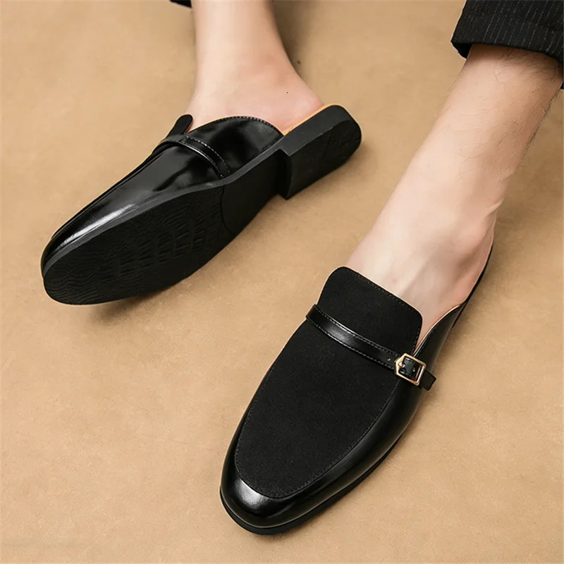 Summer Men's Suede Leather Half Slippers Fashion Black Brown Shoes Casual Mules Moccasins Breathable Monk Strap loafers 260825 - view 4