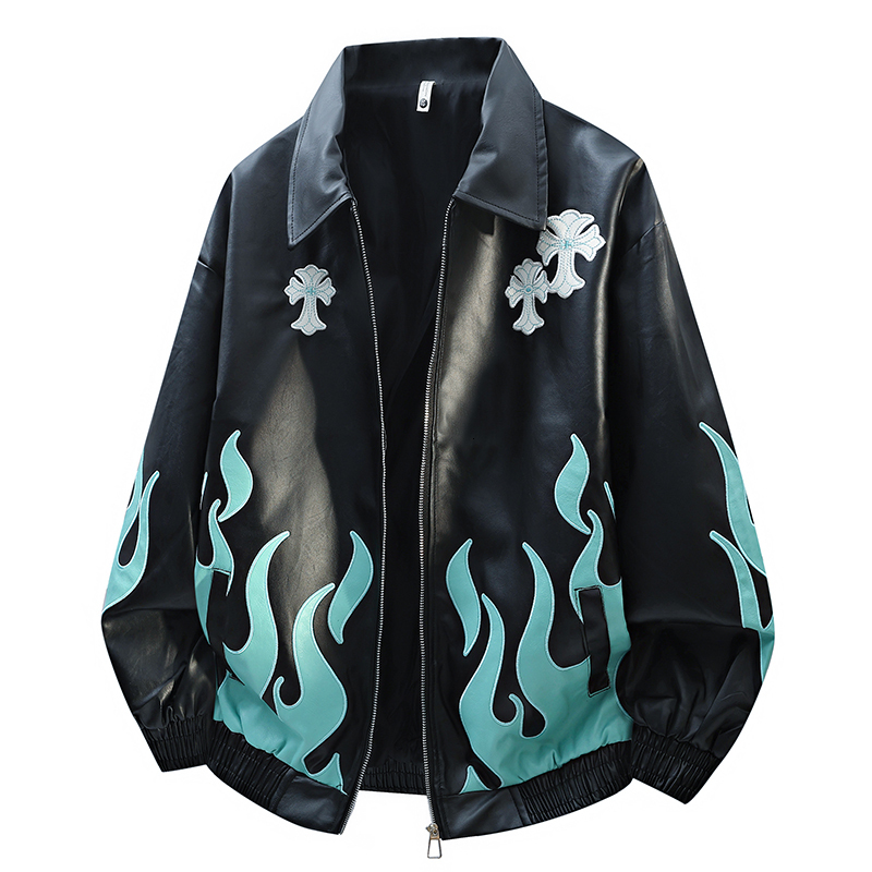 Fall new style heavy-duty embroidered American loose-fitting leather jacket flame coat racing suit for men and women J260827 - view 5
