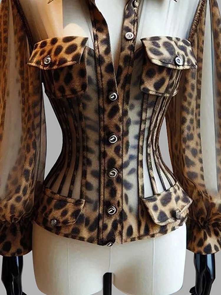 Women's Leopard Print Sheer Corset Blouse Sexy Mesh Long Bell Sleeves Button Up Slim Fit Summer Elegant Office Ladies Chic Shirt R260825 - view 3