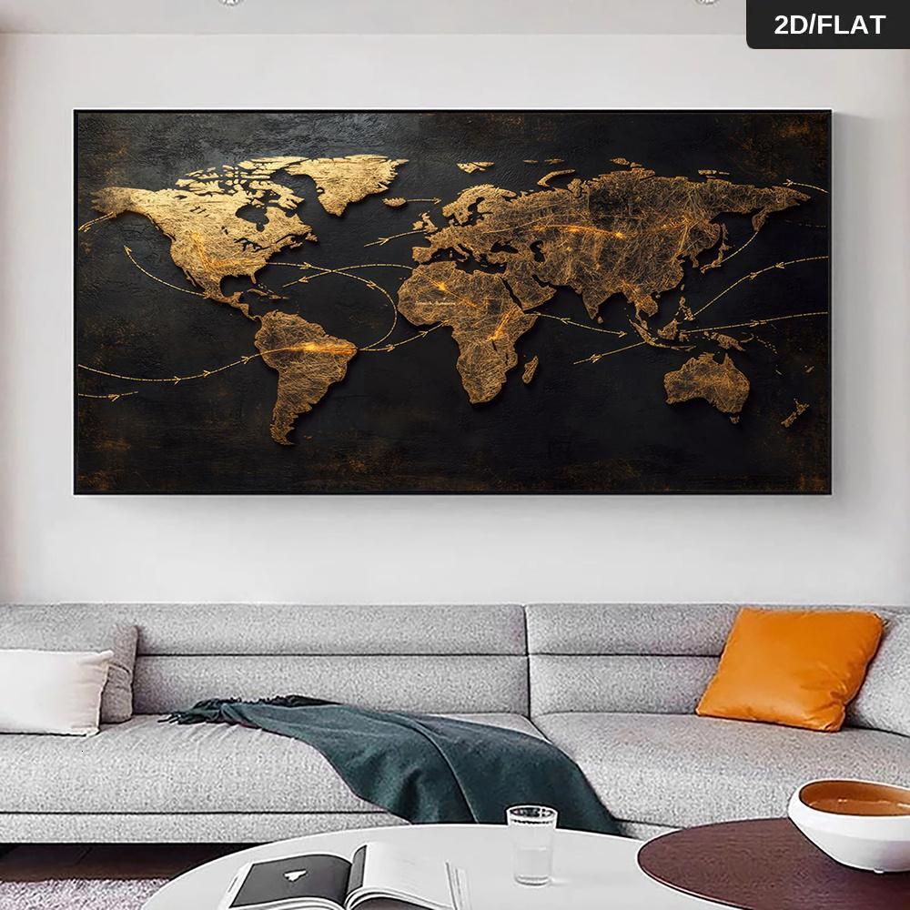 A modern abstract world map mural with connecting arrows, featuring a black and gold metallic finish, suitable for living r 26Y0827 - view 5