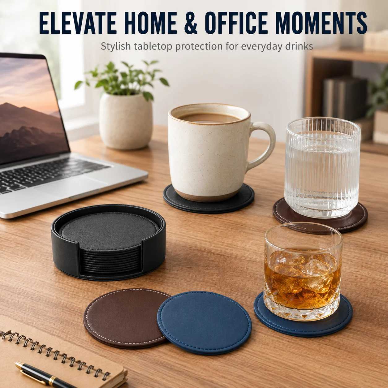 Drink Leather Double Coaster Sided Set of 6 Neat Stitching Heat Resistant Coffee Cup Mat Easy Clean Wooden Table Accessories N260827 - view 4