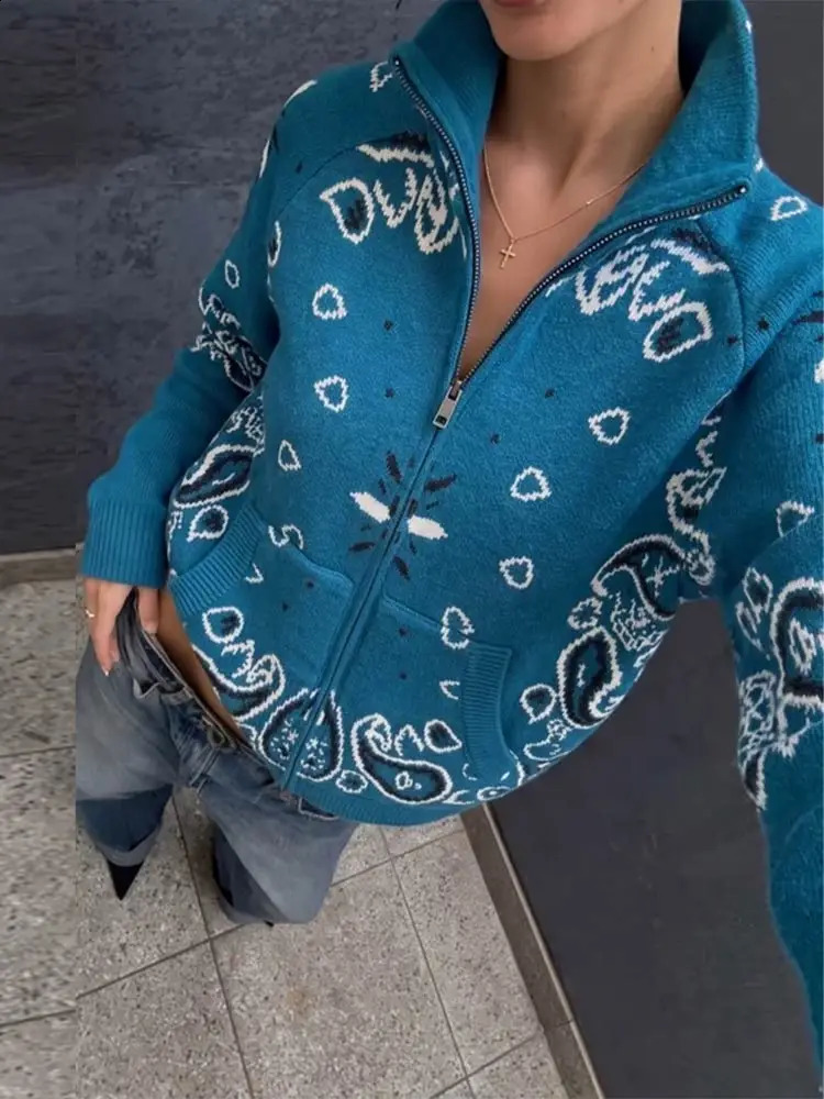 Paisley Print Knit Sweater Jacket Women Stand Collar Raglan Sleeve Zip Up Front Pocket Cardigan Autumn Retro Loose Jackets 260826 - view 6