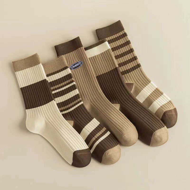 And 5 Pairs Set Autumn Winter Socks Mid Tube Socks Versatile Simple Pile Socks College Style Brown Series Long Socks Fashionable L260827 - view 1