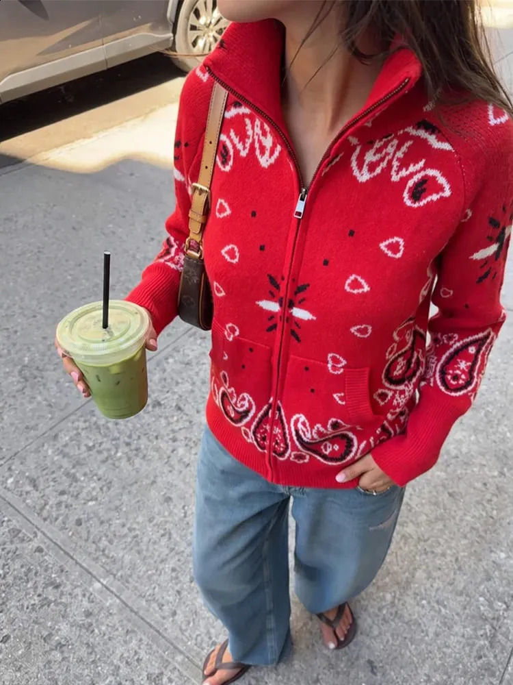 Paisley Print Knit Sweater Jacket Women Stand Collar Raglan Sleeve Zip Up Front Pocket Cardigan Autumn Retro Loose Jackets 260826 - view 7