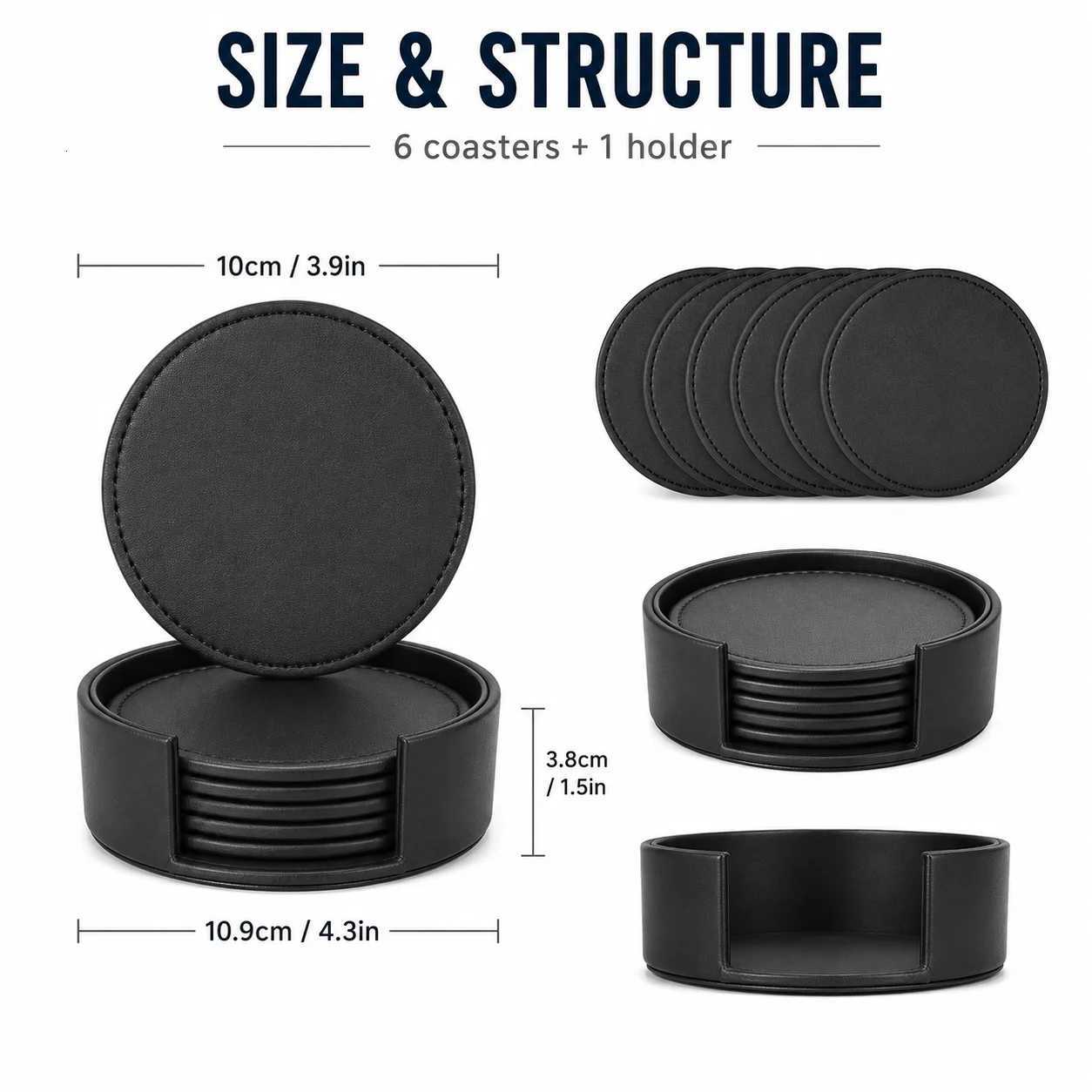 Drink Leather Double Coaster Sided Set of 6 Neat Stitching Heat Resistant Coffee Cup Mat Easy Clean Wooden Table Accessories N260827 - view 5