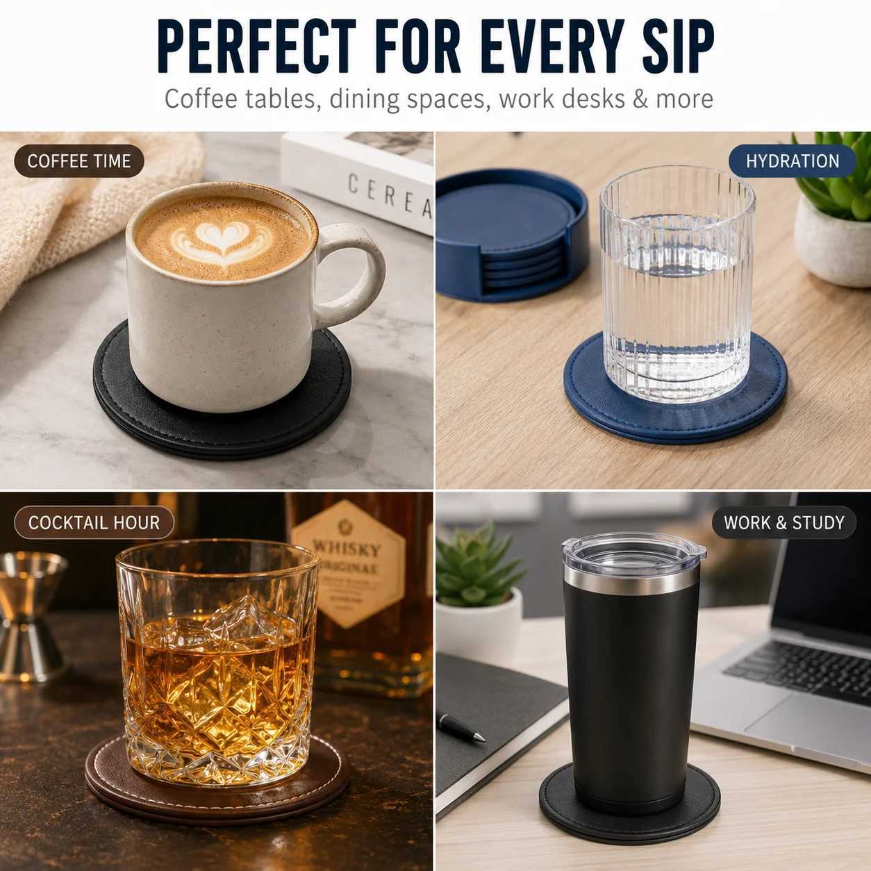 Drink Leather Double Coaster Sided Set of 6 Neat Stitching Heat Resistant Coffee Cup Mat Easy Clean Wooden Table Accessories N260827 - view 7