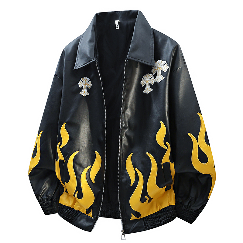 Fall new style heavy-duty embroidered American loose-fitting leather jacket flame coat racing suit for men and women J260827 - view 3