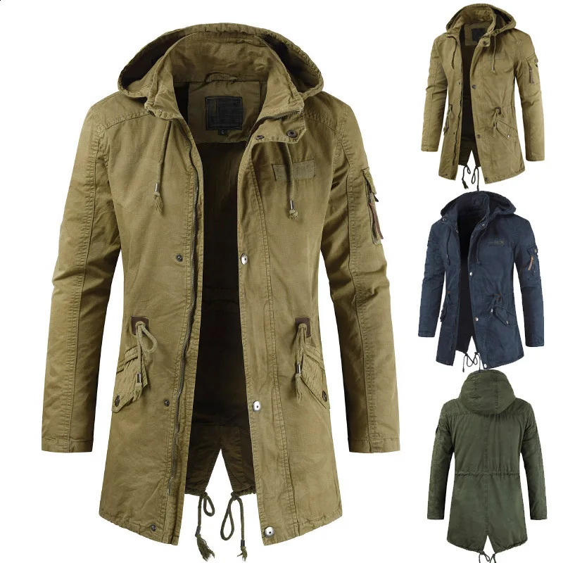 Mens Jackets Hooded Trench Outerwear Casual Solid Outdoor Coat Military Windbreaker Fashion Windproof Jacket Mens Clothing 260827 - view 3