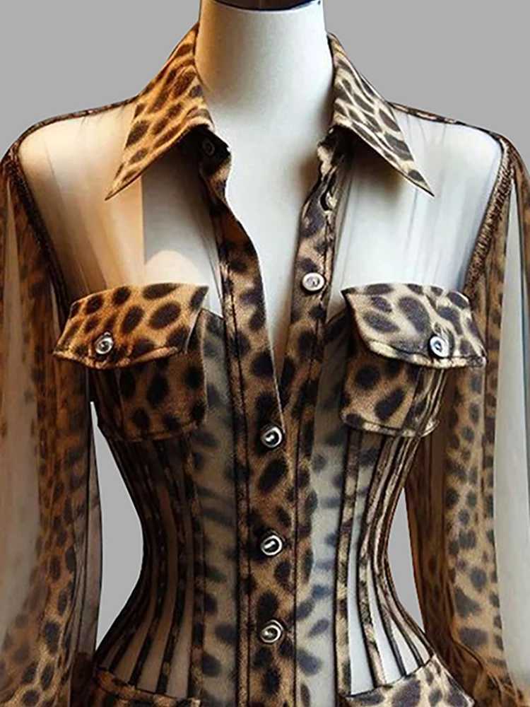 Women's Leopard Print Sheer Corset Blouse Sexy Mesh Long Bell Sleeves Button Up Slim Fit Summer Elegant Office Ladies Chic Shirt R260825 - view 4
