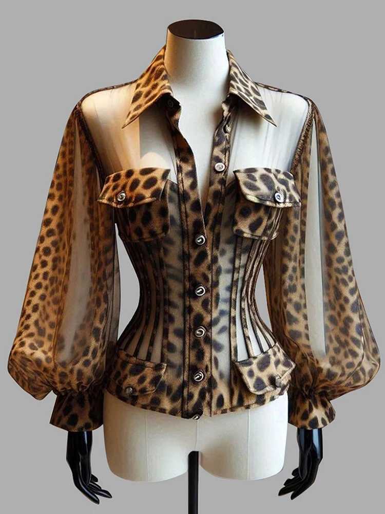 Women's Leopard Print Sheer Corset Blouse Sexy Mesh Long Bell Sleeves Button Up Slim Fit Summer Elegant Office Ladies Chic Shirt R260825 - view 5