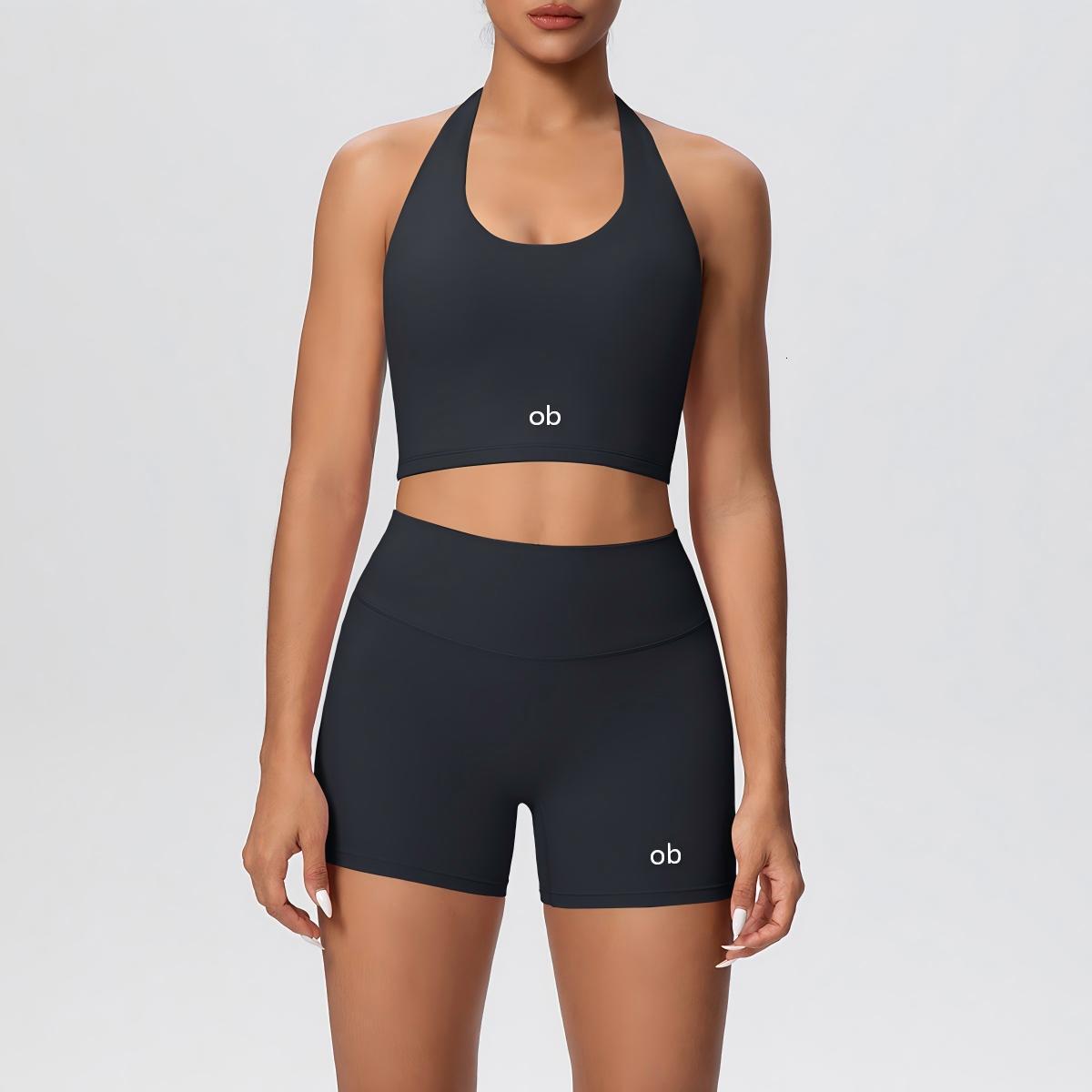New solid-color double-sided brushed tight-fitting neckless short pants yoga for exercise, running and fitness two-piece set 26Y0827 - view 3