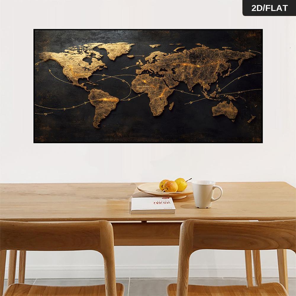 A modern abstract world map mural with connecting arrows, featuring a black and gold metallic finish, suitable for living r 26Y0827 - view 3