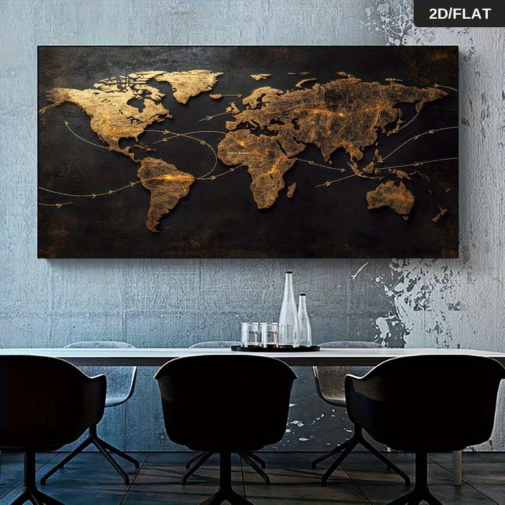 A modern abstract world map mural with connecting arrows, featuring a black and gold metallic finish, suitable for living r 26Y0827 - view 4
