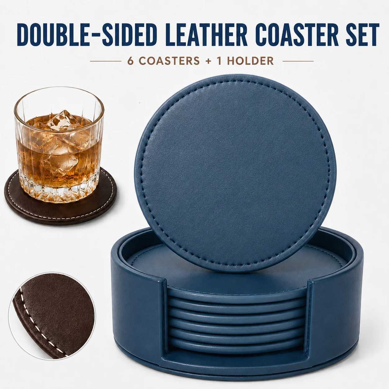Drink Leather Double Coaster Sided Set of 6 Neat Stitching Heat Resistant Coffee Cup Mat Easy Clean Wooden Table Accessories N260827 - view 3