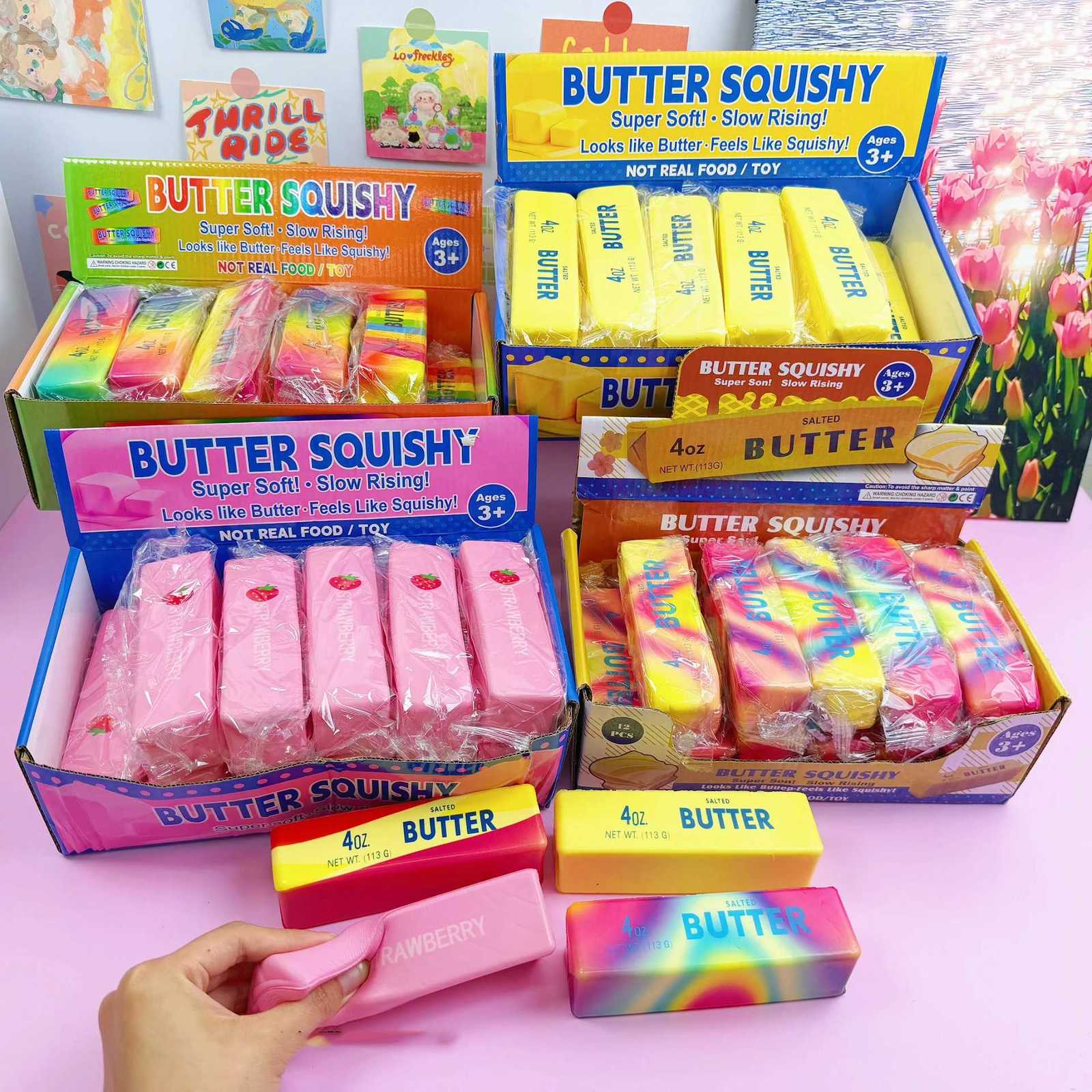 12PCS Pack Butter Squishy Toys Strawberry Rainbow Printed Stress Ball Slow Rebound Stress Relief Sensory Toys Gifts Bulk X260826 - view 3