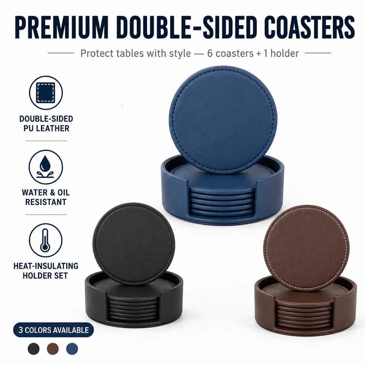 Drink Leather Double Coaster Sided Set of 6 Neat Stitching Heat Resistant Coffee Cup Mat Easy Clean Wooden Table Accessories N260827