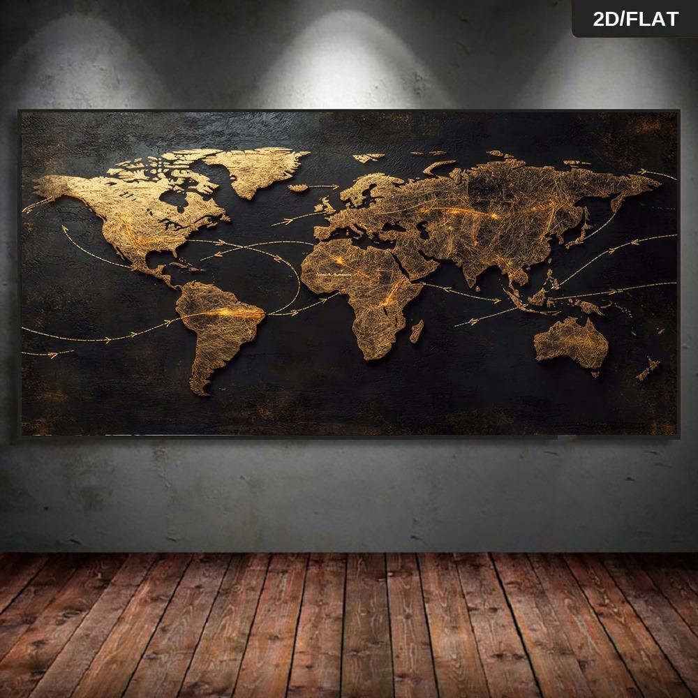 A modern abstract world map mural with connecting arrows, featuring a black and gold metallic finish, suitable for living r 26Y0827
