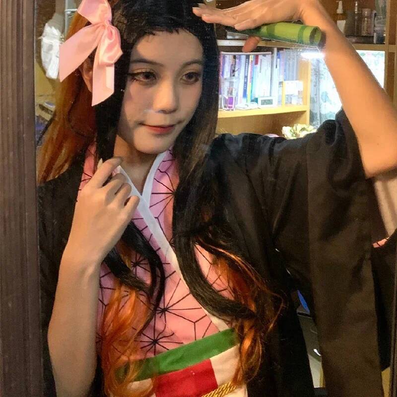 Anime Kamado Nezuko Cosplay Costume Costumes Kimono Haori Wig Clogs Suit For Adult Children Hallow - view 7