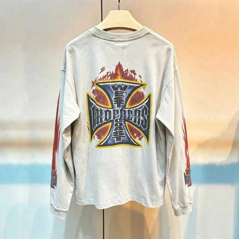 American Street West Coast Choppers Long Sleeve Tshirt Choppers for Life Cross Flame Print Washed White Sweatshirt Men Women Top X260827