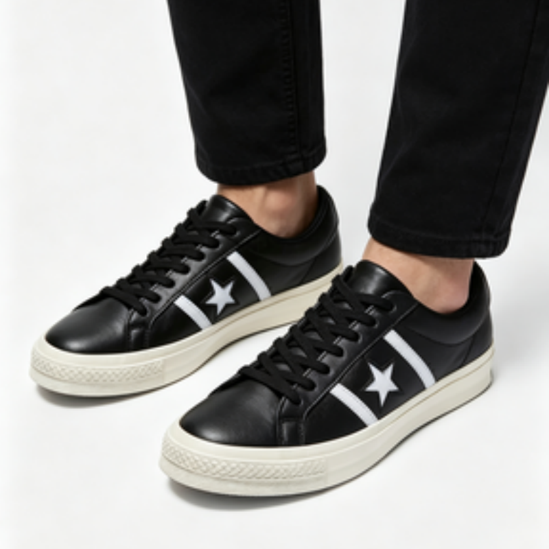 Converse One Star Men Women Leather Sneakers, Black White Low Top Lace Up Shoes, Vintage Off White Rubber Sole Street Style Casual Walking Board Shoes - view 6