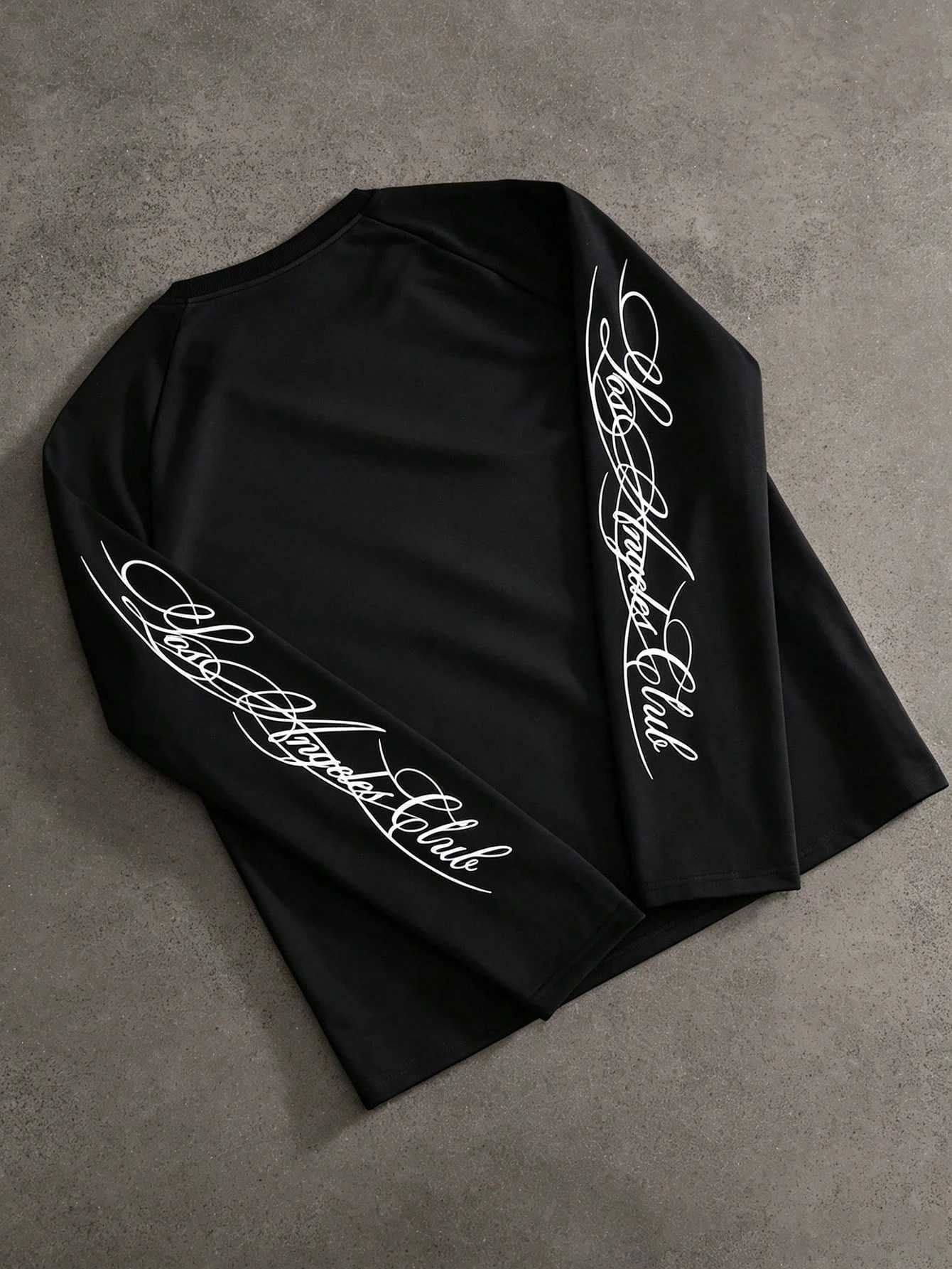 West Coast Streetwear Black Raglan Long Sleeve Tee Big Cursive Print On Both Sleeves Crew Neck Top X260827 - view 3